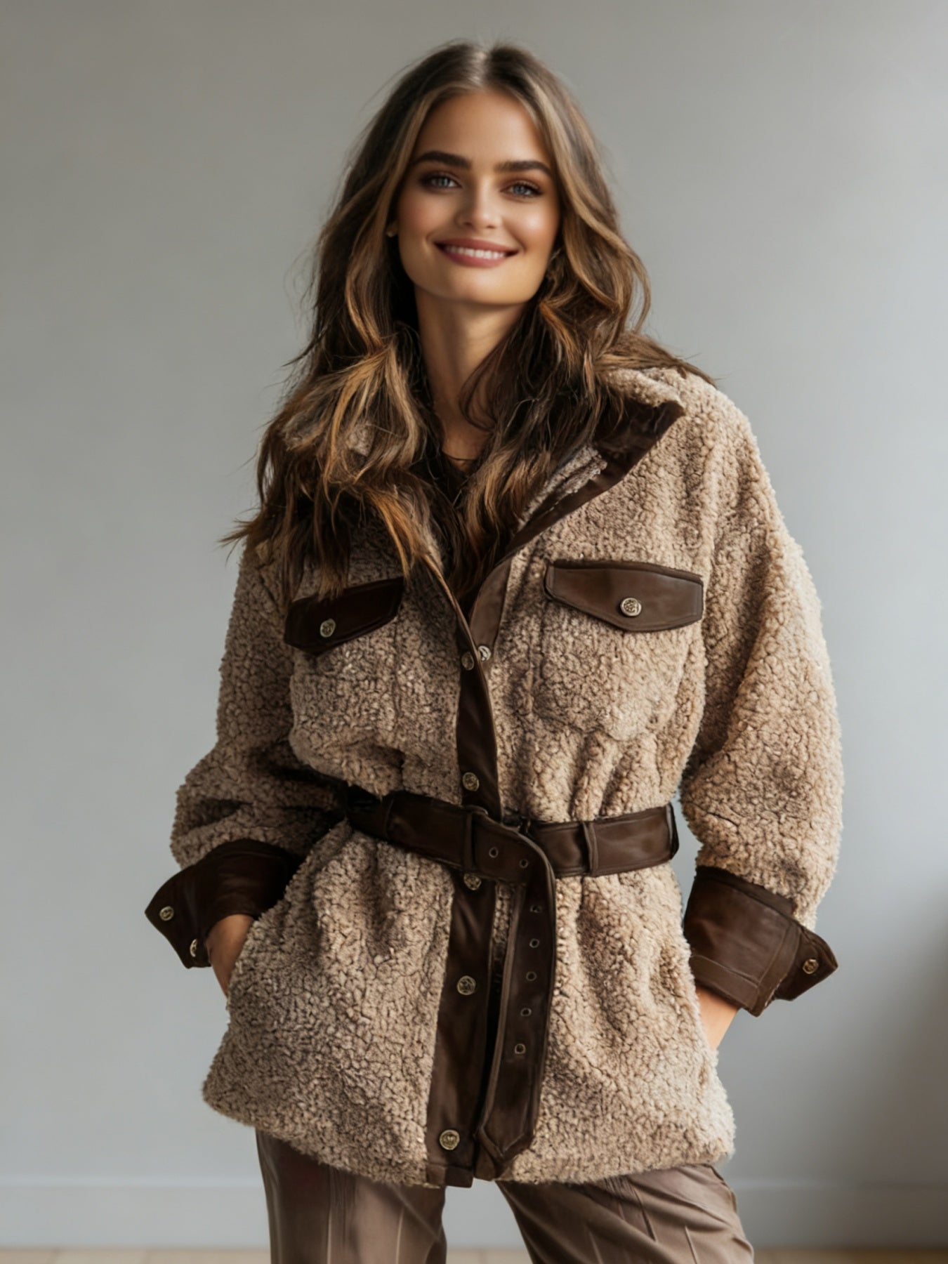 New Style Women's Autumn And Winter Clothing, New Style Women's Thickened Lamb Fur Stitching PU Leather Pocket Leather Belt Vintage Jacket