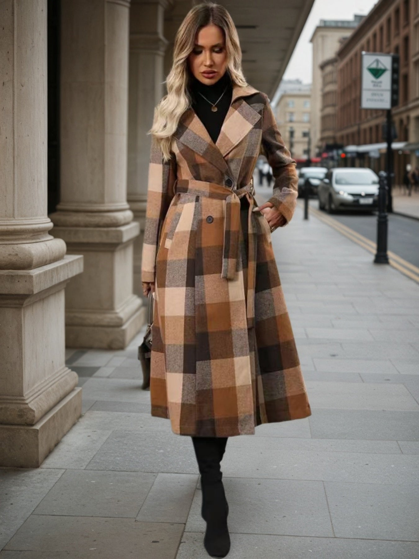 New Style Lapel Woolen Lace-up Double-breasted Extended Coat, Women's Windbreaker