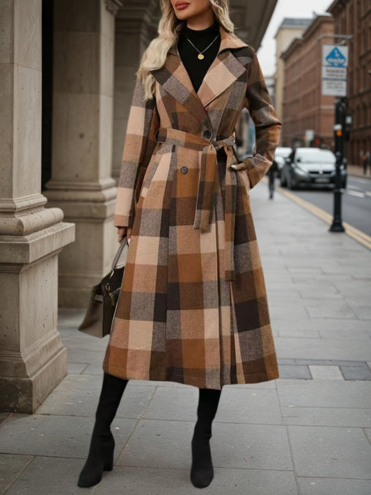 New Style Lapel Woolen Lace-up Double-breasted Extended Coat, Women's Windbreaker